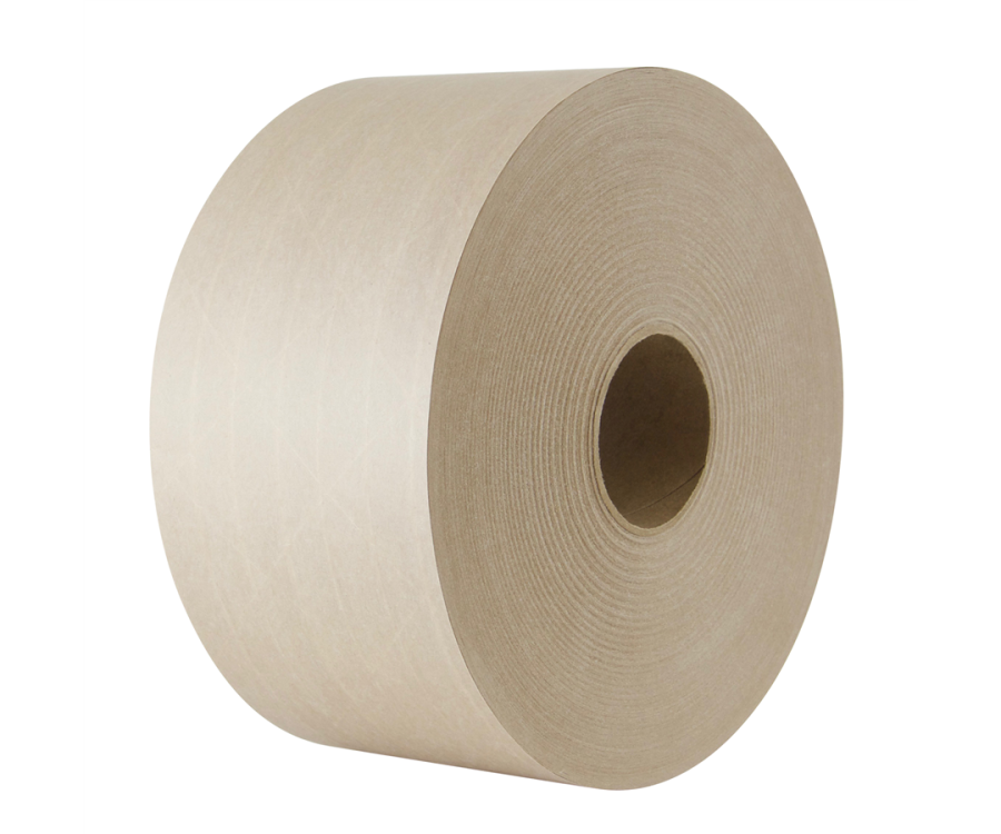 A large roll of brown kraft paper with a visible hollow center, used for packaging or wrapping purposes. Intertape® 5.3-Mil. Venom Natural Reinforced Water Activated Tape (70 mm. x 1000 ft., 6 Rolls/Case)